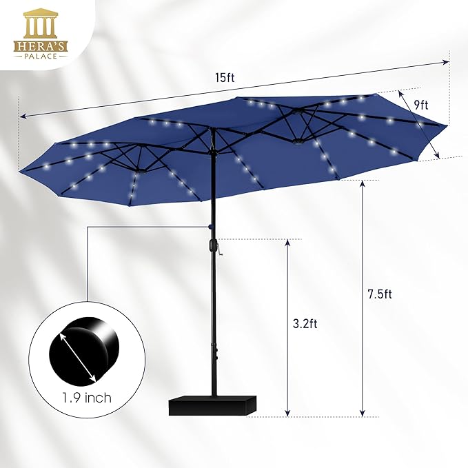 HERA'S PALACE 15ft Patio Umbrella with Base Included Double Sided Outdoor Umbrella for Patio Table Umbrella Outdoor 36 LED Solar Lights for Garden