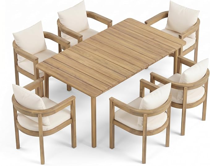 Merax Outdoor Acacia Wood Dining Set of 7, Patio 61" Large Dining Table,6 Club Dining Chairs with Cushions for 6 Person, Patio Dining Furniture Set for Deck, Yard, Porch, Beige + Teak