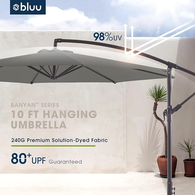 BLUU 10 FT Patio Offset Umbrella Outdoor Cantilever Umbrella Hanging Umbrellas, Fade Resistant & Waterproof Solution-Dyed Canopy Fabric with Infinite Tilt, Crank & Cross Base (Dark Grey)