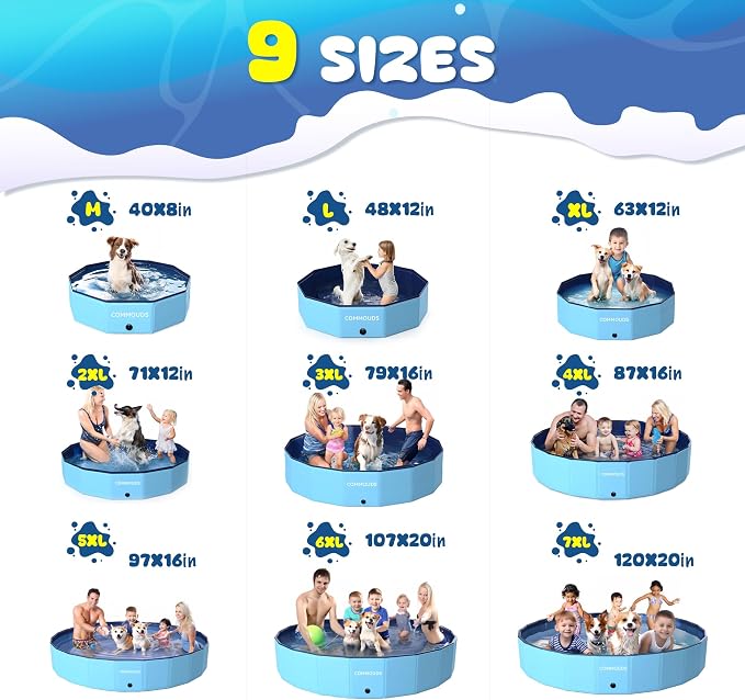 COMMOUDS Foldable Dog Pool, Collapsible Hard Plastic Dog Kiddie Swimming Pool, Portable Pet Bath Tub Wading Pools for Kids and Puppy Small Medium Large Dogs(79inch.D x 16inch.H)