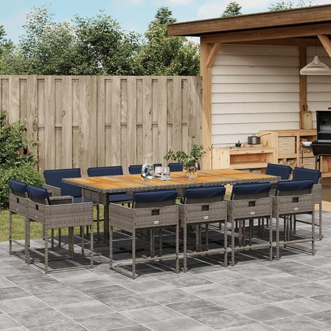 13 Piece Garden Dining Set, Patio Rattan Furniture with Acacia Wood Table and 12 Folding Chairs, Space Saving Cube Outdoor Set for Backyard Deck