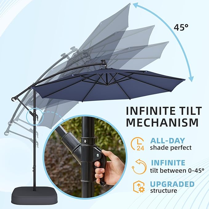 EROMMY 10FT Patio Umbrella with Base Included, Outdoor Offset Cantilever Umbrella, Infinite Tilt, Crank and Cross Base, UV Protection for Backyard, Lawn, Garden & Pool