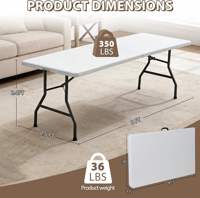 ZenStyle Indoor Outdoor 8ft Heavy Duty Folding Table - Portable Plastic Top w/Steel Legs & Handle for Camping, Picnics, Dining, Parties (White)