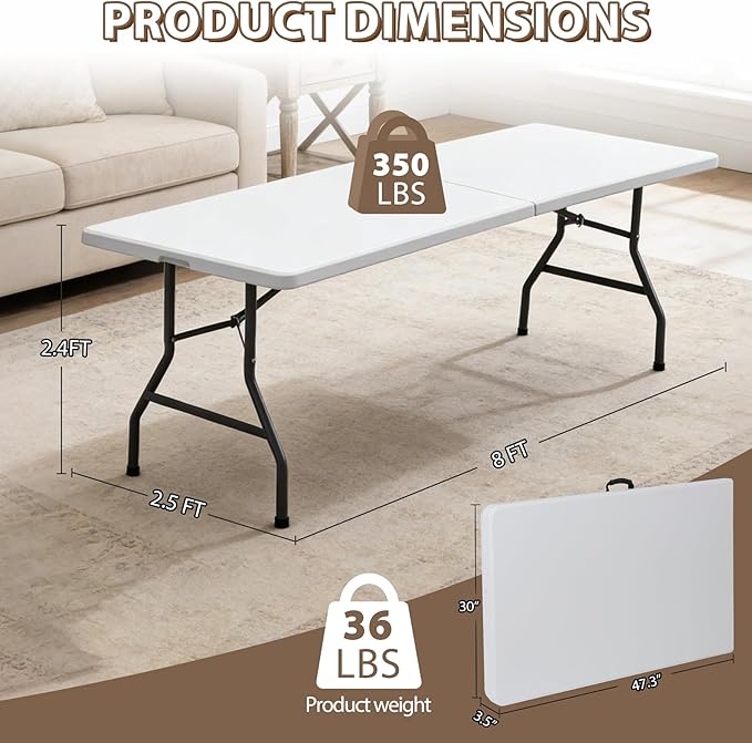 SUPER DEAL 8FT Folding Picnic Table for Indoor Outdoor, Portable Fold-in-Half Plastic Dining Camping Party Table with Carrying Handle