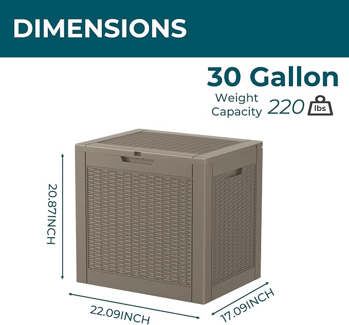 31 Gallon Outdoor Storage Box, Waterproof Resin Deck Box with Lockable Lid for Patio Furniture, Pool Accessories, Garden Tools (Brown)
