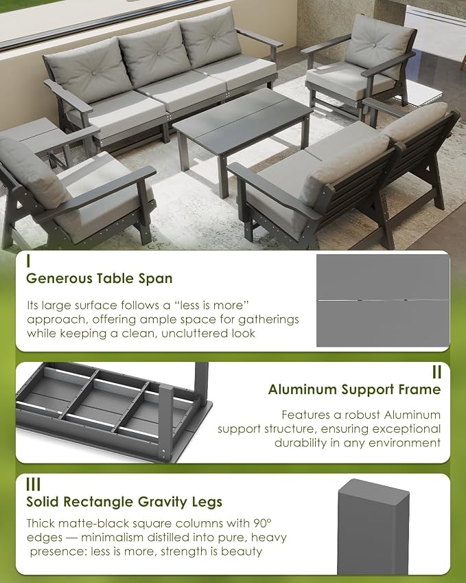 GREENVINES Outdoor-Coffee-Table | HDPE Plastic | Patio Coffee Tables | Rectangle | All Weather | for Balcony Poolside Deck Garden | TriLuxe | Gray