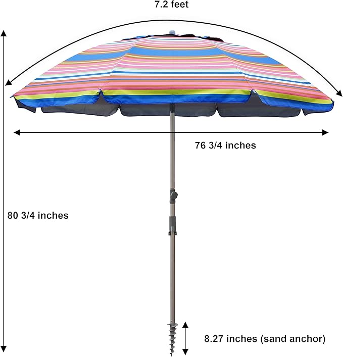 Blissun 7.2' Beach Umbrella with Sand Anchor, Outdoor Portable Beach Umbrella for Sand with Tilt Pole, Carry Bag, Air Vent