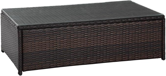 HomeStock Victorian Elegance Outdoor Wicker Table with Glass Top, Brown - 23.63" D x 43.5" W x 13.75" H, Tempered Glass Top, Durable Steel Frame