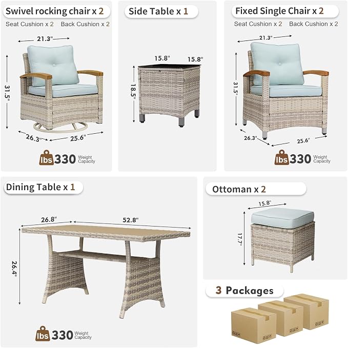 MEISSALIVVE 8 Pieces Patio Furniture Sets, PE Wicker Outdoor Conversation Sets with 2 Wood Armrests Swivel Rocker Chairs, 2 Fixed Single Chairs, 2 Ottomans and Dining Table(Blue)