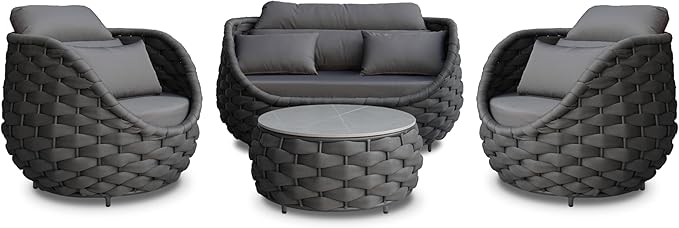 Aluminum Patio Furniture Set of 4: Woven Rope Outdoor Conversation Sofa Set Assembled - Modern Cushioned Armchair Couch Set for 660lbs Porch Deck Backyard Poolside Drawing Room Hotel, Dark Gray
