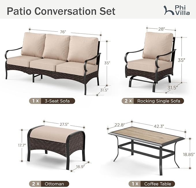 PHI VILLA Outdoor Modern Patio Furniture Set, Upgraded Wicker & Metal Patio Conversation Set with Waterproof Thick Cushions for Porch, Poolside, Yard(6 Pieces,Beige)