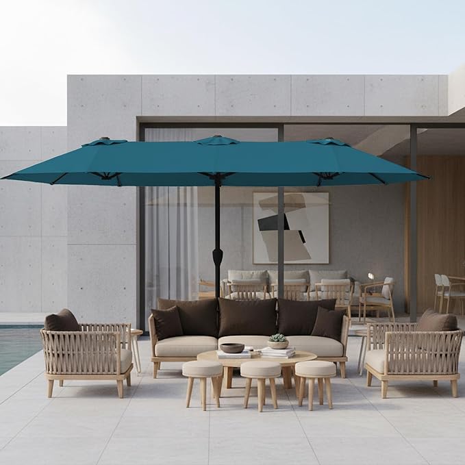 15FT Large Patio Umbrella with Base, Double Sided Rectangular Outdoor Umbrella with Sturdy Fiberglass Ribs, UPF 50+ Sun Protection, Wind-Resistant, Waterproof Fade-Resistant Fabric for Pool, Garden, Backyard, Deck(Lake Blue)