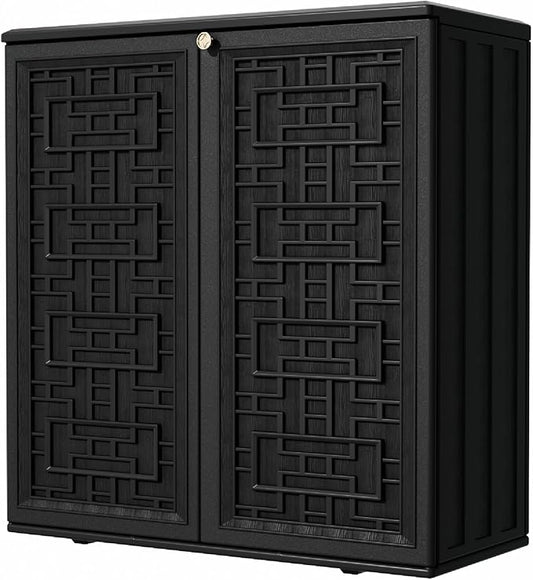 Mrosaa Outdoor Storage Cabinet Waterproof with Shelf,Resin Storage Sheds Outdoor Cabinets for tub Towels/Chemicals/Grill Items/Patio/Garden/Backyard, Size 34.3''L*15''W*36.2''H（Black）