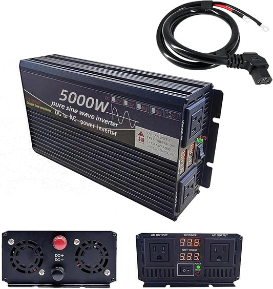 5000W Power Inverter 72V DC to 110V AC Converter with LED Display Dual AC Outlets Dual Fans Radiating for RV, Camp, Boat and Home Emergency Portable Pure Sine Wave Inverter (LED Screen, 5000W 72V)