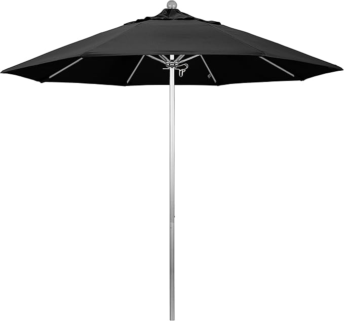 California Umbrella 9' Round Aluminum/Fiberglass Umbrella, Push Open, Silver Pole, Olefin Black Fabric