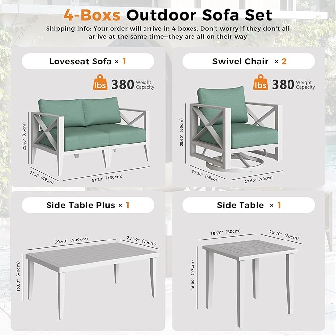 Aluminum 4-Seats Outdoor Patio Furniture Set with Swivel Rocking Chairs, Sectional Conversation Sofa with 5.2" Thick Cushions & Plus Table, Rust-Resistant Frame for Porch, Garden, Backyard, White