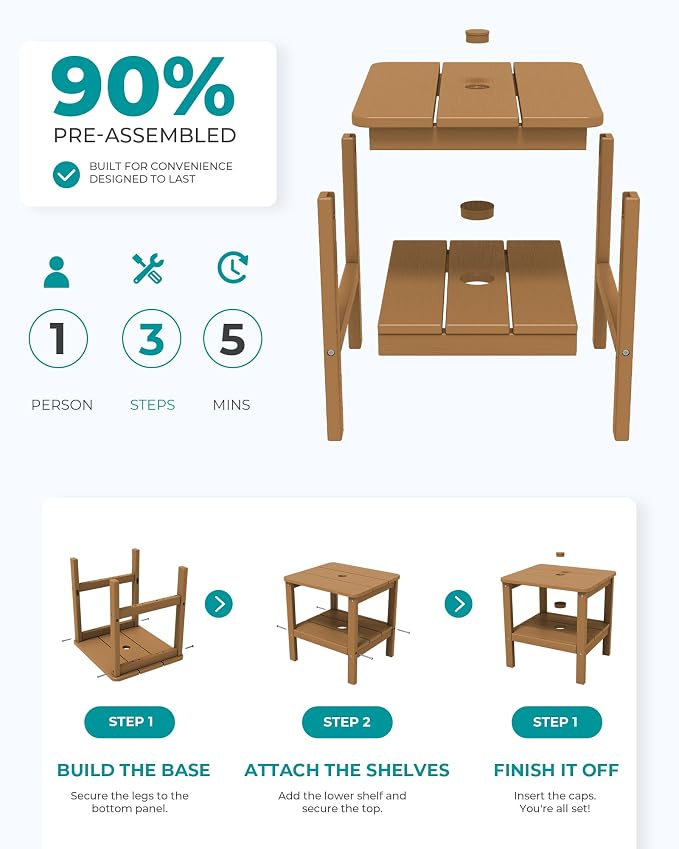 SERWALL Double Layer Adirondack Side Table with Umbrella Hole, HIPS Outdoor Side Table Rectangular End Tables for Patio, Poolside, Garden, Brown