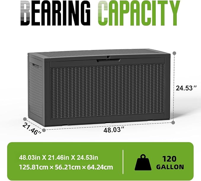 120 Gallon Outdoor Storage Deck Box Waterproof Resin Lockable Outside Bench Porch Patio Furniture Pool Float Garden Tool Cushion UV Resistant Bin Black