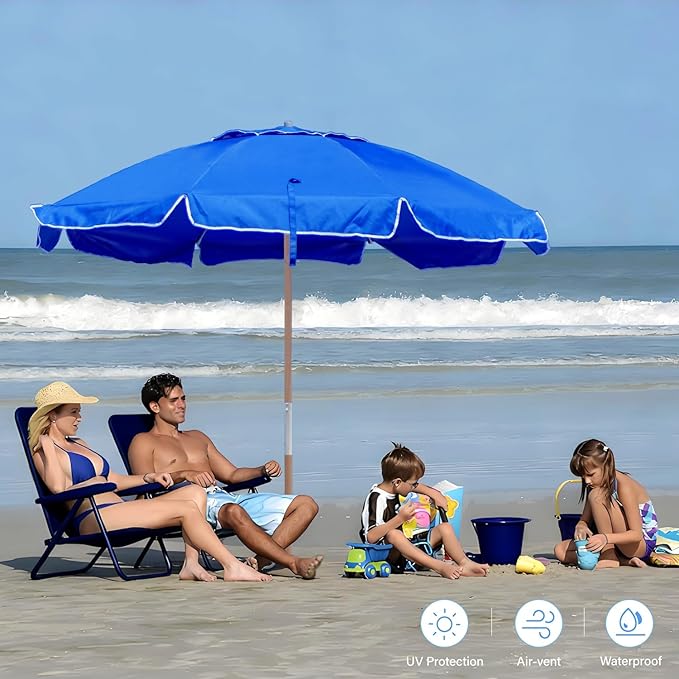 AMMSUN 7.5ft Heavy Duty High Wind Beach Umbrella Commercial Grade with Air Vent Ash Wood Pole & Carry Bag UPF 50+ Sun Protection for Patio Garden Pool Backyard Blue