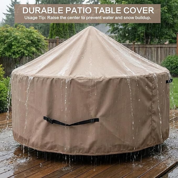 Haige Round Patio Furniture Cover 62" Dia x 34" H, Waterproof Outdoor Table and Chair Set Cover, 600D Heavy Duty Round Patio Table Cover, Windproof with Drawstring & Buckles, Brown