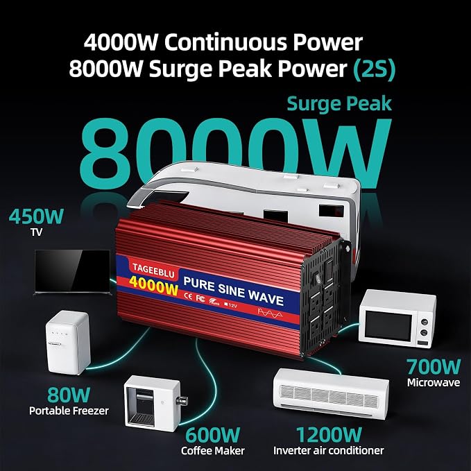 4000W Pure Sine Wave Inverter [8000W Surge], 12V DC to 110V AC Heavy Duty Power Inverter for RV, Truck, Home, Solar, Off-Grid, Outdoor, Car Converter with Dual AC Outlets and LCD Display