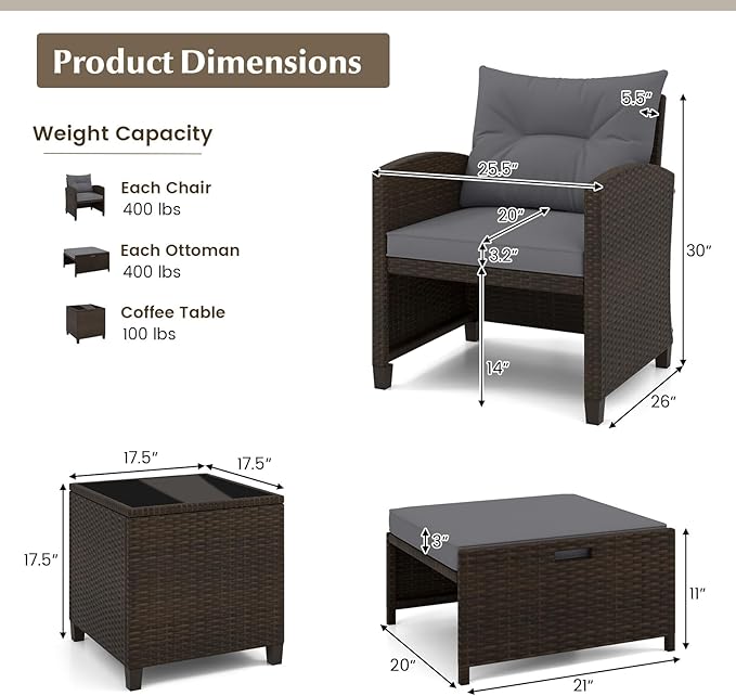 Tangkula 5 Pieces Patio Conversation Set, PE Wicker Rattan Outdoor Furniture Set with 2 Chairs, 2 Ottomans & Tempered Glass Coffee Table, Ideal for Poolside, Backyard, Lawn, Deck, Mix Brown & Grey