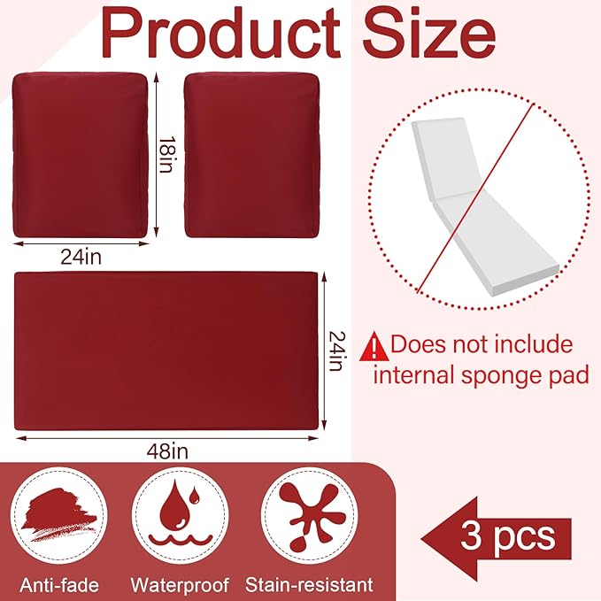 Wenqik 3 Pcs Waterproof Cushion Covers(Not Includes Cushion) 48'' x 24'' Outdoor Patio Furniture Seat Covers Fade Resistant Replacement Slipcover with Zipper for Outside Couch Swing Sofa(Burgundy)