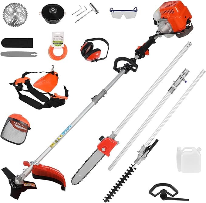 5-in-1 Gas Lawn Mower & Brush Cutter | 52CC 2-Cycle Cordless Trimmer with 43'' Extendable Pole | 2.3KW Weed Wacker, Chainsaw, Edger for Home Yard & Garden Maintenance Orange