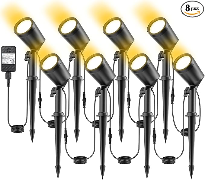deerdance LED Outdoor Landscape Lighting Low Voltage Landscape Pathway Lights Aluminum Wired Waterproof Outdoor Spotlights Uplight Transformer for Yard House Garden 24W 2400lm (Warm White, 8)