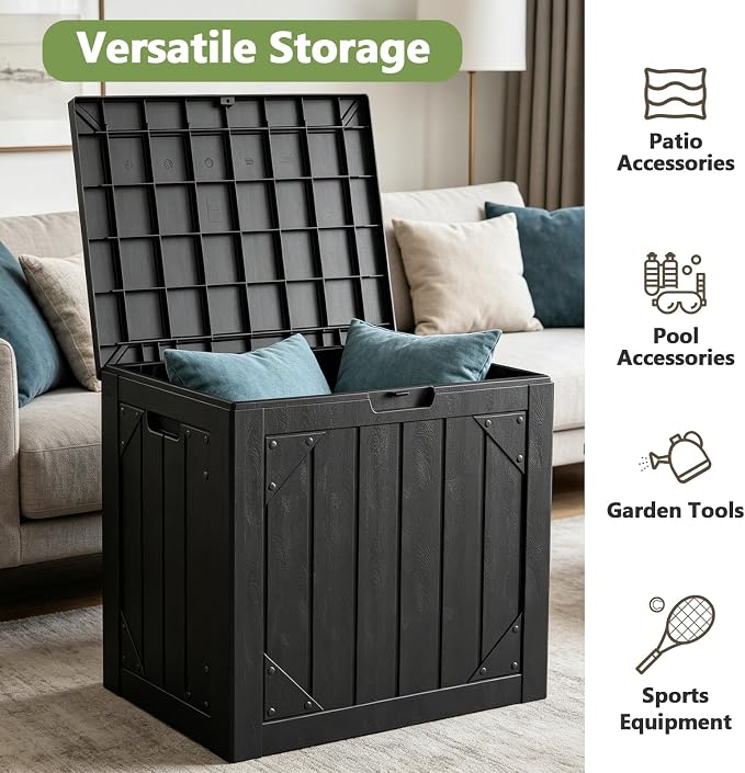 Outdoor Storage Box,30 Gallon Deck Box Outdoor Storage Bench Outside Waterproof Resin Storage Bench, Lockable Patio Cushions, Garden Tools Storage For Furniture, UV Resistant(Black)