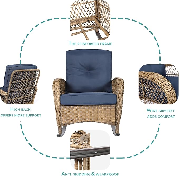 MEETWARM 4 Piece Outdoor Wicker Patio Set w/Glider Loveseat, 2 Chairs & Glass-Top Coffee Table, Thickened Cushions, Navy Blue