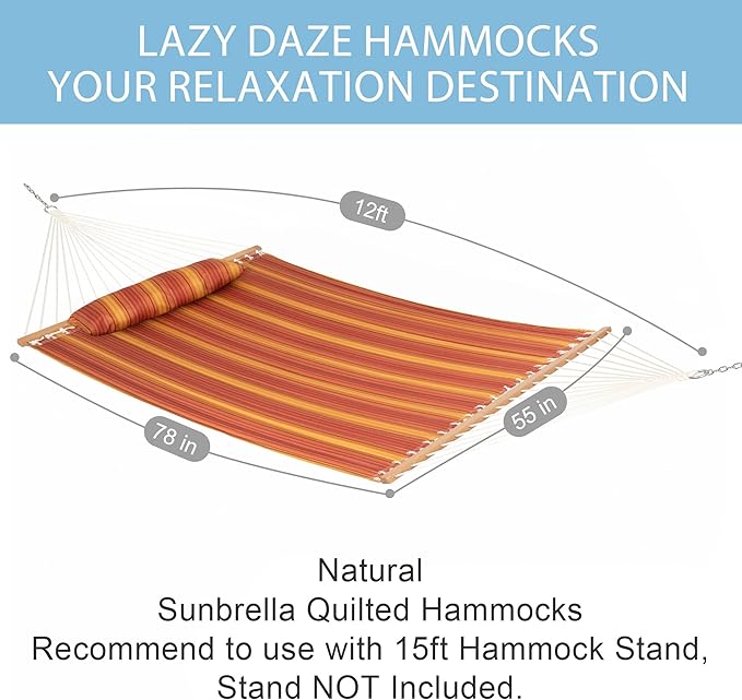 Lazy Daze Hammocks 12FT Quilted Hammock Double 2 Person Hammock with Spreader Bar and Pillow for Outside Outdoor Patio Backyard QFH12
