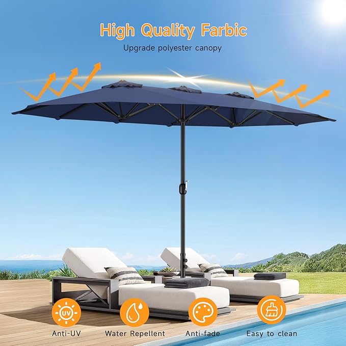 ONBRILL 15ft Patio Umbrella with Base Included, Extra Large Shade Area, Double Sided Rectangle Umbrella with Crank Handle for Poolside, Garden, Yard, Blue (Blue)