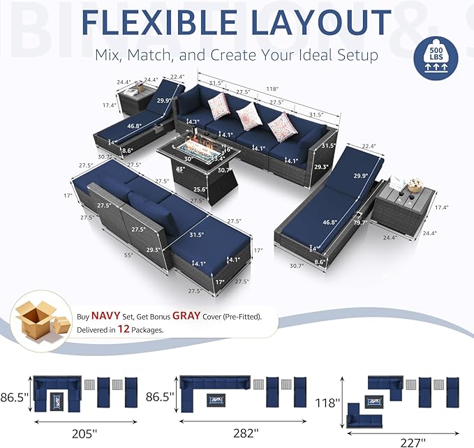 NICESOUL 13 Piece Outdoor Couch with Firepit Table, Durable Hevy Duty Wicker Patio Furniture with Lounger, Big Large Sectional 10-Seats with Long Propane/Natural Gas Firepit and Chaise, Gray&Navy Blue