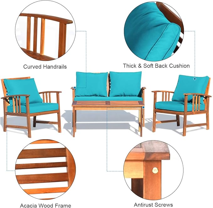 Tangkula 4 PCS Acacia Wood Patio Furniture Set, Outdoor Seating Chat Set w/Gray Cushions Back Pillow, Outdoor Conversation Set w/Coffee Table for Garden, Backyard, Poolside (Turquoise)