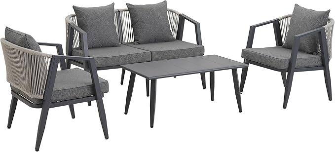 Outdoor Conversation Set with Iron Table, 4-Piece Patio Furniture Sofa Set with Two Single Chairs and Double Chair, Comfortable Outdoor Seating Set, Suitable for Patios, Lawns, Poolsides (Gray/454)