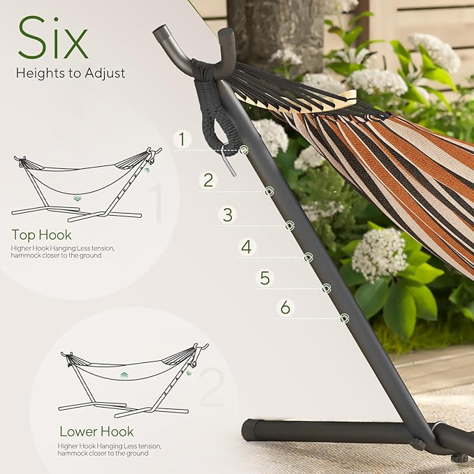 600lbs Hammock with Stand for Outside, 2 Person Portable Hammock with Side Storage, Carrying Bag, Expend Wooden Bar for Outdoor or Indoor (Brown Black)
