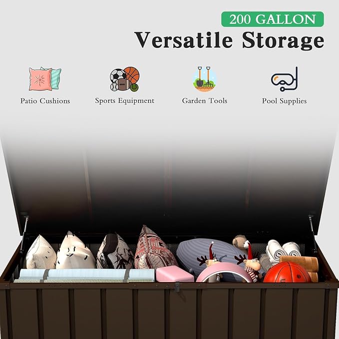 200 Gallon Outdoor Storage Deck Box, Durable Steel Storage Deck Box with Lockable Lids, Large Patio Storage Bin for Indoor Outdoor Use, Throw Pillows & Garden Tools, Dark Brown