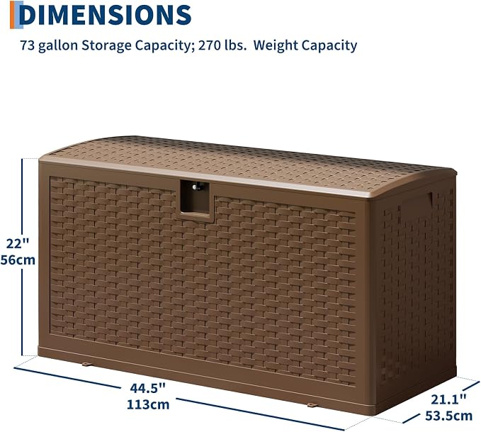 IDEALHOUSE 73 Gallon Resin Deck Box, Waterproof Outdoor Storage Box with Lockable Lid & UV Resistant, Patio Furniture Cushion Storage Container for Garden, Backyard, Poolside (Brown)