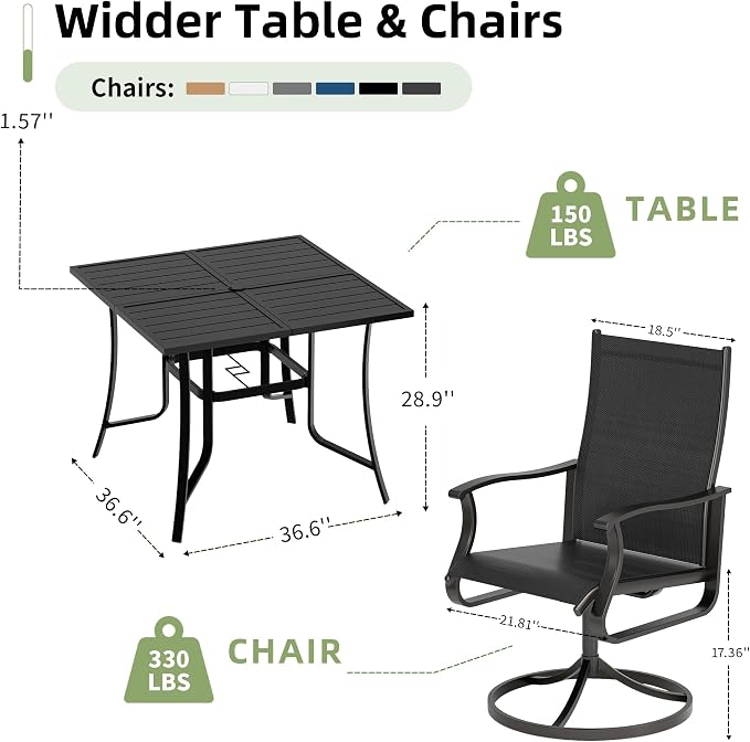 Amopatio 5 Pieces Patio Dining Set for 4, Outdoor Table and Chairs, 4 All Weather Swivel Patio Chairs, 36" Patio Spliced Square Table with Umbrella Hole, for Deck, Backyard, Poolside & Garden, Black