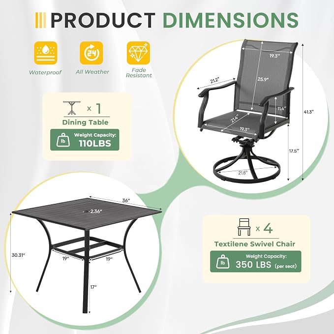 LVUYOYO 5-Piece Outdoor Patio Dining Set, Textilene Swivel Chairs & Square Table Set, All-Weather Table and Chairs Set with Umbrella Hole for Backyard, Garden,Balcony,Porch (Gray)