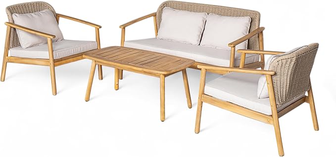 Christopher Knight Home Landon 4 Pieces Patio Conversation Set, Acacia Wood Loveseat and Coffee Table, Woven Rope Couch, Wood Club Chair, Armchair and Table Set for Garden Balcony Yard, Teak+Beige