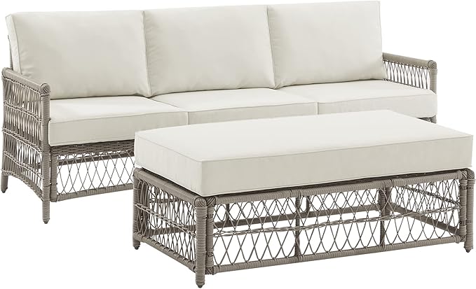 Crosley Furniture Thatcher 2-Piece Outdoor Sofa Patio Furniture Set, Wicker Conversation Sets for Porch, Driftwood with Creme Cushions
