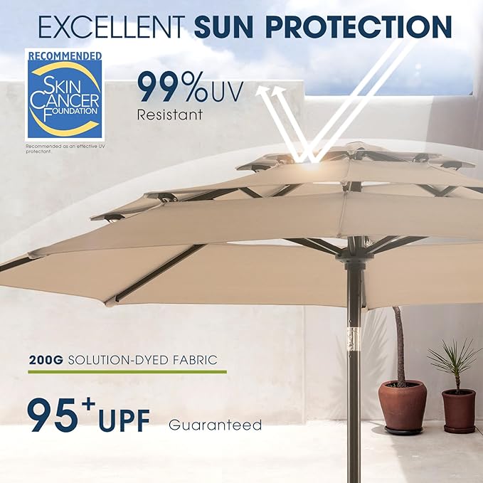 wikiwiki 9ft 3-Tier Patio Umbrella Outdoor Table Market Umbrella for Patio with Push Button Tilt/Crank, Fade Resistant Waterproof POLYESTER Canopy for Garden, Lawn, Deck, Backyard & Pool, Tan