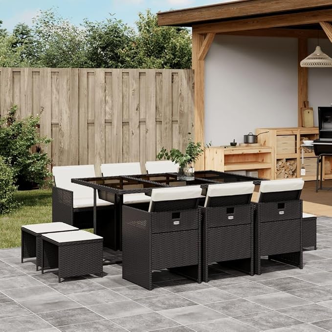 11 Piece Patio Dining Set with Cushions Black Poly Rattan Outdoor Furniture Table and 6 Chairs Tempered Glass Top Foldable Seats for Garden Backyard