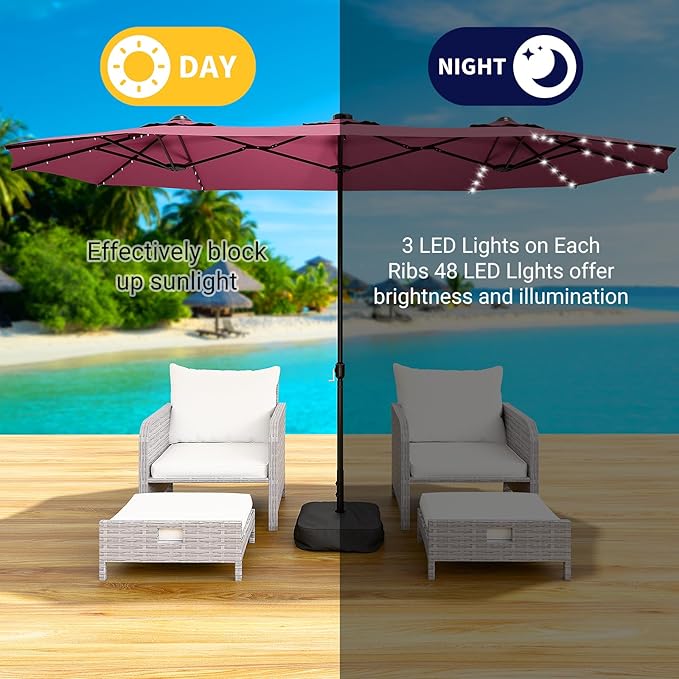 CHABATREE 14FT Large Patio Umbrella with Base & Solar LED Lights - Double-Sided,Red