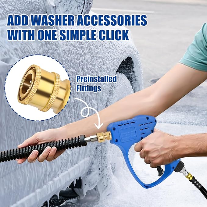 Stubby Swivel Pressure Washer Gun - 5000 PSI / 10 GPM with 3/8" Male Plug and 1/4” Quick Connector and M22-14mm M22-15mm Connector Comprise 5 Nozzle Tips - Compatible with Foam Cannon