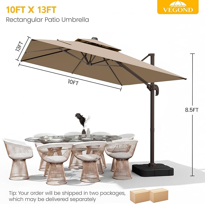 VEGOND 10x13 FT Patio Cantilever Umbrella with Base, Rectangular Heavy Duty Offset Umbrella for 8-10 People, 360°Rotation & Mult Tilt, Double Top Design, for Pool Garden Deck (Tan)