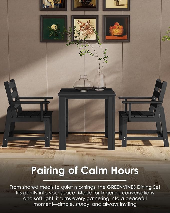 GREENVINES Outdoor-Dining-Table | 35” | HDPE | Patio Furniture | Square Tables for 4 | All-Weather | for Poolside Backyard Garden | Black