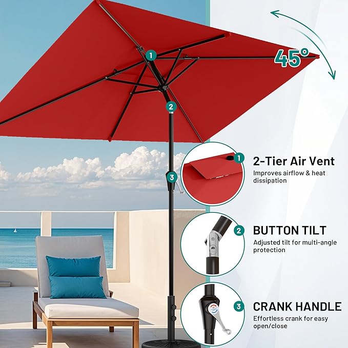 AreShark 6.5'x10' 2 Tiers Rectangular Patio Umbrella - Outdoor Umbrella Waterproof UV Protection, Market Table Umbrella w/Push Button Tilt for Pool, Lawn, Balcony(Red)